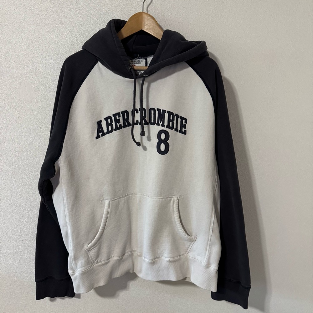 Vintage Y2K Abercrombie Embroidered Spellout Raglan Hoodie Gray Ivory Heavy-XL